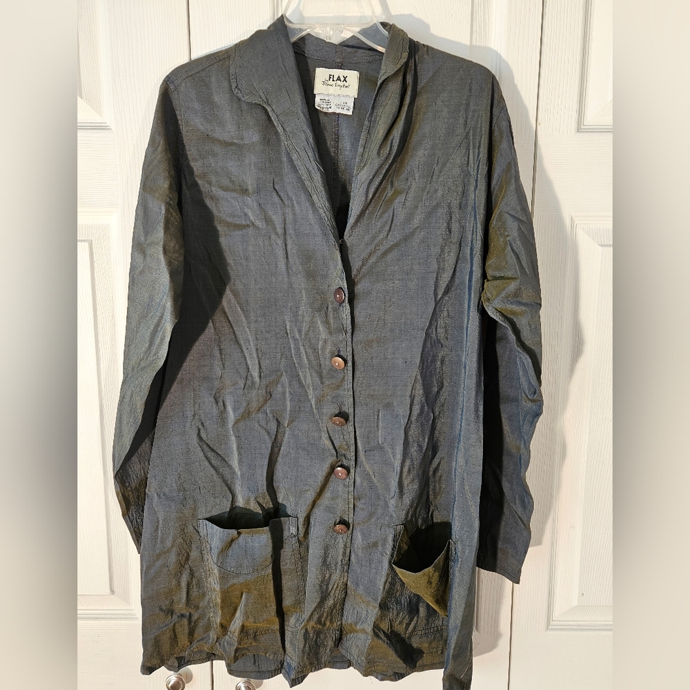 Sz M Flax 100% silk iridescent green Blouse top women's